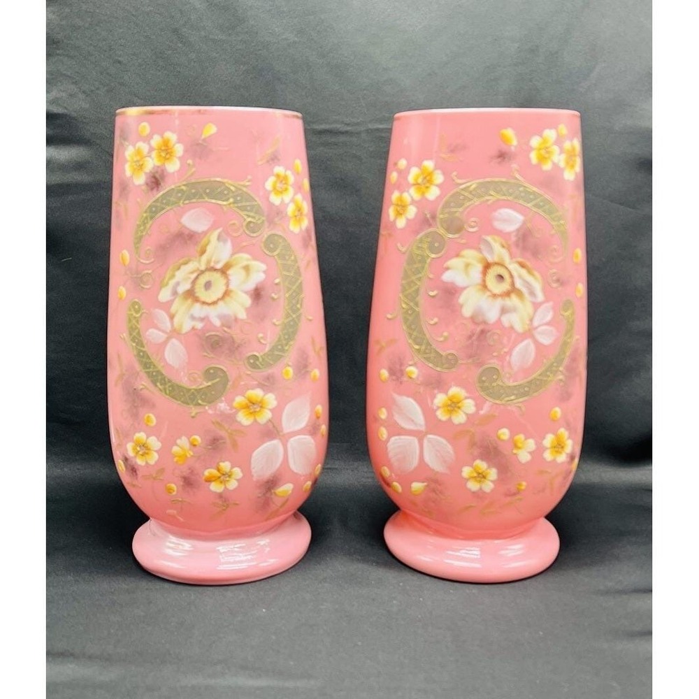 Pair Pretty Pink Opaline Bristol Victorian Glass Vases Painted Numbered 12"